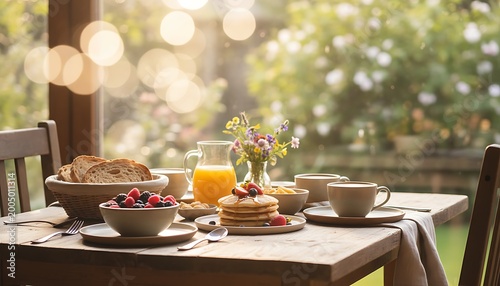 Sunny Outdoor Breakfast Table with Pancakes Fruit and Juice