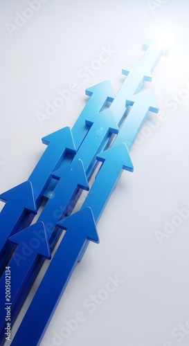 Blue arrows pointing upwards on a white background, success concept