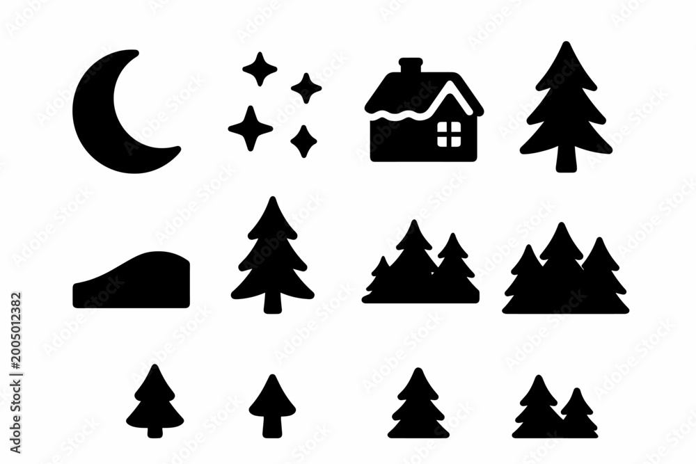 Obraz premium Winter Night Icons. Winter Night Scenery. Filled icon set of Winter Night Scenery: crescent moon, star cluster