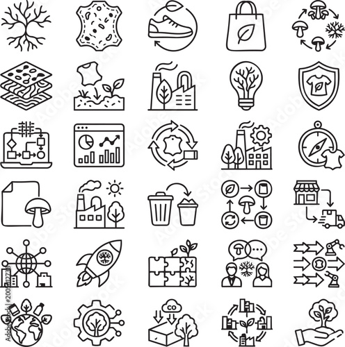 30 Mycelium Materials Line Icons – Mushroom Leather, Sustainable Fashion, Bio-Based Design Minimalist Vector Outline Set for UI UX
