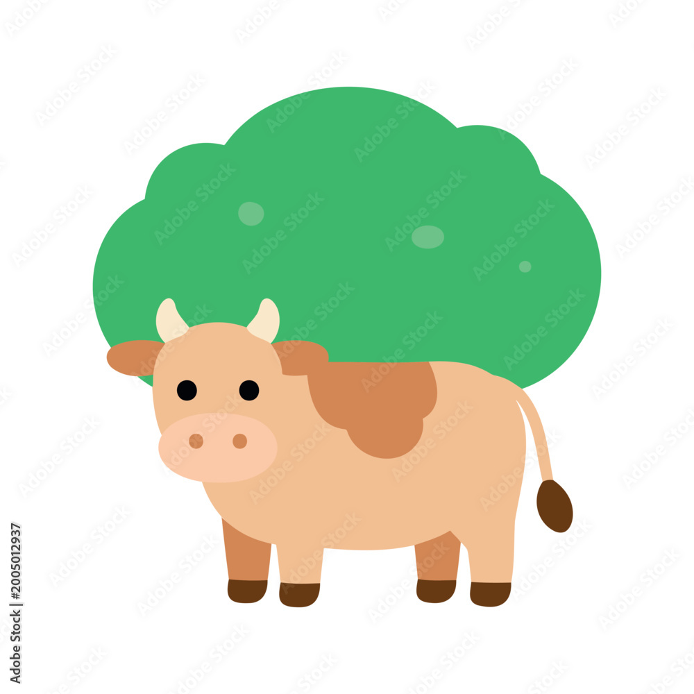 Obraz premium Cartoon cow standing in front of a large green bush illustration