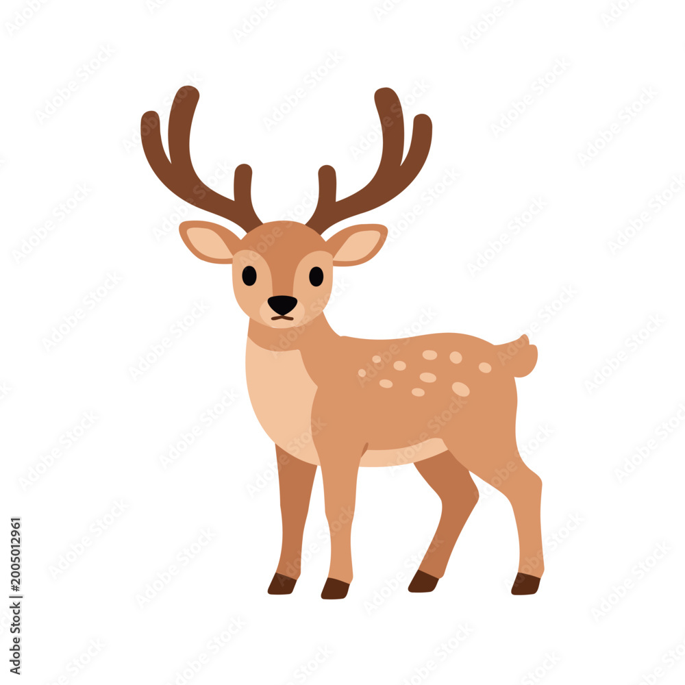 Fototapeta premium Cartoon deer standing on a white background with antlers and white spots