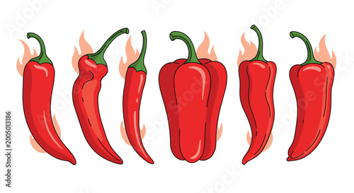 Set of spicy red chili peppers with various shapes and heat levels featuring flames in the background for a hot food concept design.