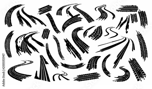 Photos Trendy winding tire track vector bundle with skid marks and racing motion trace