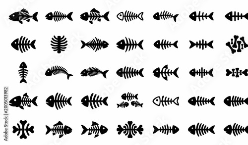 Bild auf Leinwand Modern fish bone icon collection with seafood skeleton and marine vector symbols