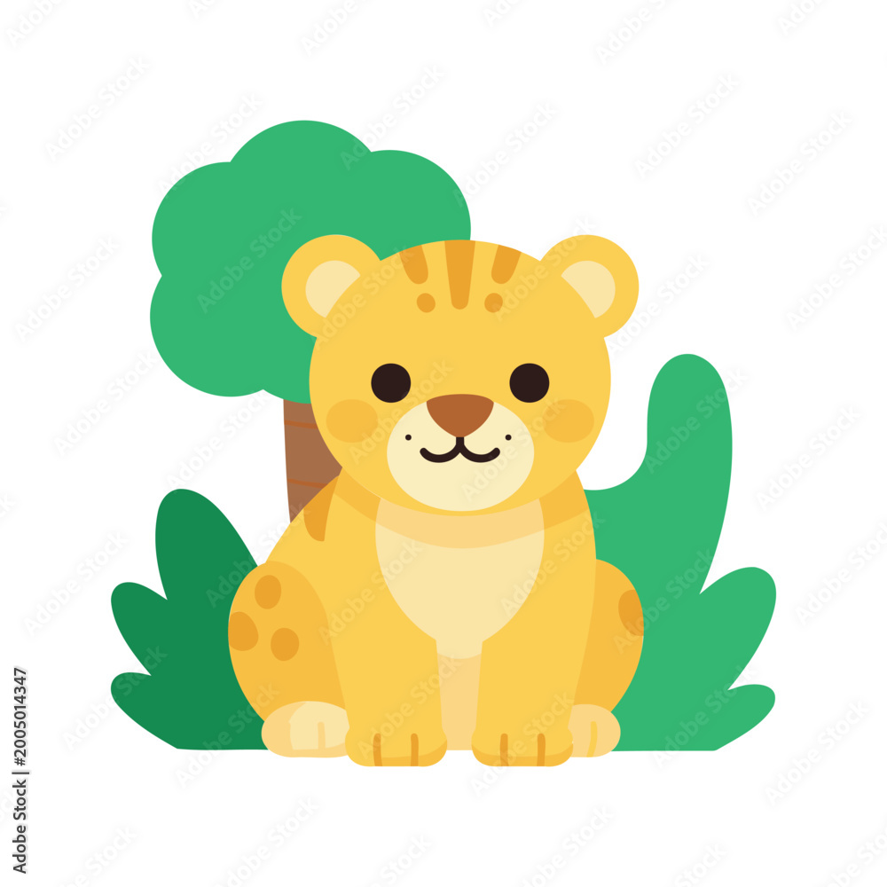 Fototapeta premium Cute tiger cub sitting among stylized foliage and trees in a cartoon style
