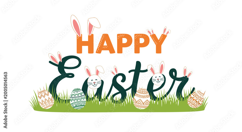 Naklejka premium Festive Happy Easter greeting text decorated with cute bunny ears and colorful patterned eggs sitting in green grass on white background.