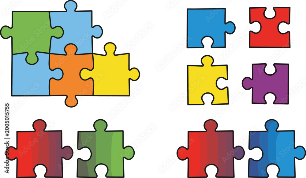 Naklejka premium Colorful Puzzle Pieces Illustration Set for Problem Solving, Collaboration, and Education Concepts