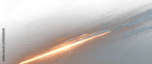 Fast diagonal streak with tapered ends, controlled brightness, smooth blur falloff. Abstract Light Trails with Glowing Particles on Dark Background