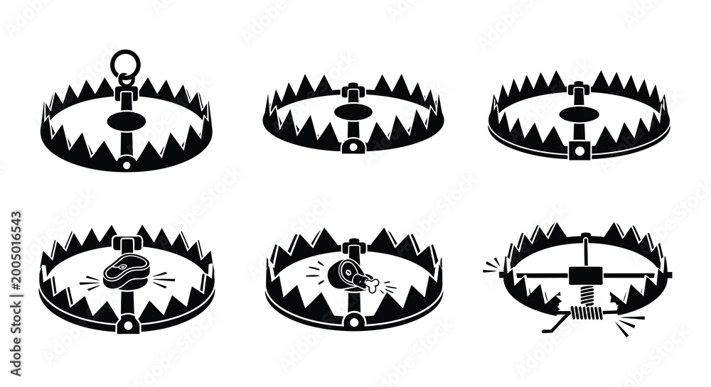 Obraz premium Mouse trap silhouettes black vector illustrations on a white background