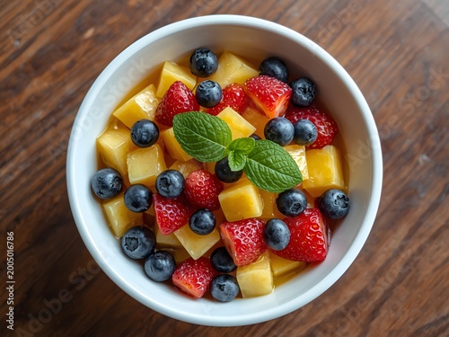 Bowl of healthy fresh fruit salad on wooden background. Top view.