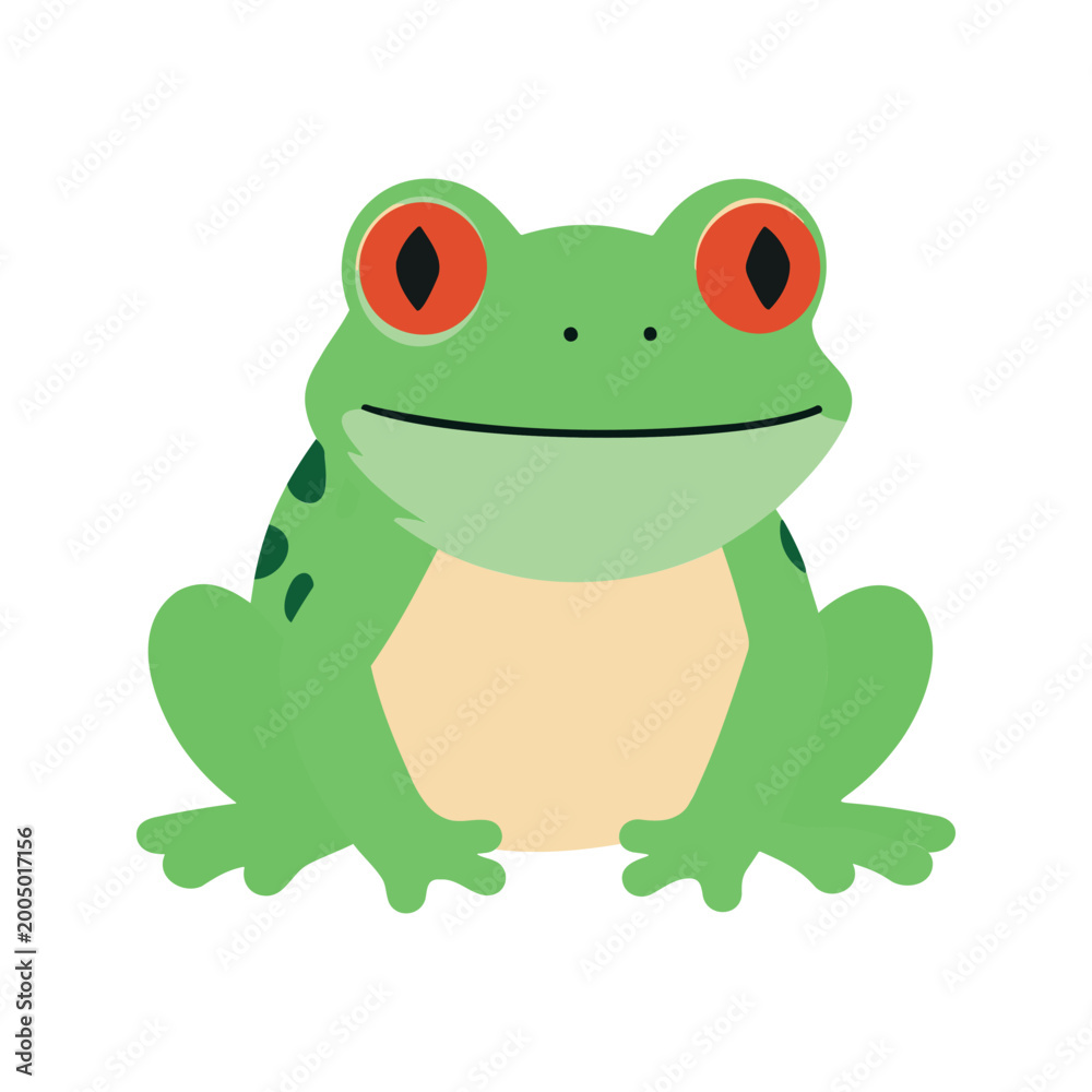 Obraz premium Cartoon red eyed tree frog with green skin sits on a white background