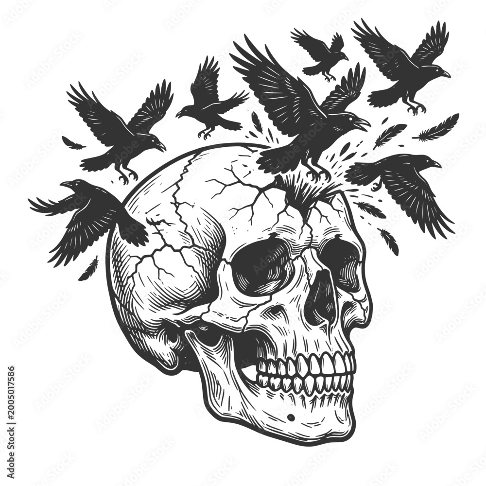 Obraz premium cracked skull with ravens flying out, symbolizing death, dark thoughts, and release sketch engraving generative ai fictional character vector illustration. Scratch board imitation. Black and white.