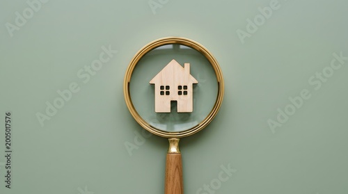 A small wooden house model viewed through a magnifying glass on a light green background, symbolizing home search or property inspection.