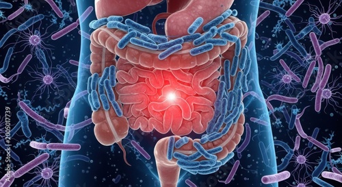 Highlighted human digestive system with surrounding gut microbiota
