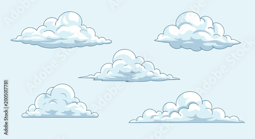 Group of five fluffy white and gray clouds with soft shading and outlines on a light blue background for weather and sky themes.