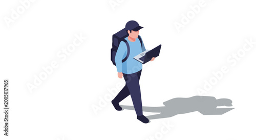 Young adult male walking with backpack.