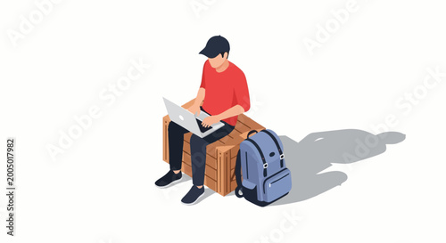 Young man sitting with laptop backpack.