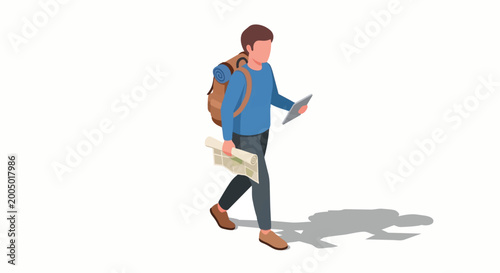 Young man walking with backpack.