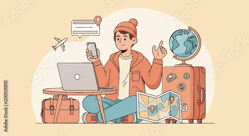 Young man planning travel with phone.