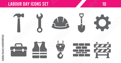 Labor Day Industrial Icon Set with Construction Tools Workers Solidarity Symbols Black Silhouette Vector Collection