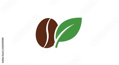 Photos Minimalist coffee bean icon with a green leaf symbol.