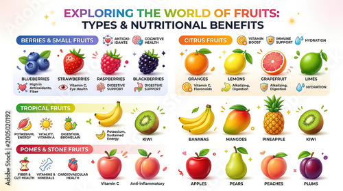 Fruit nutrition infographic colorful vitamins antioxidants fiber hydration guide to types and benefits of berry and citrus fruit, vivid visuals encourage healthy eating and wellness