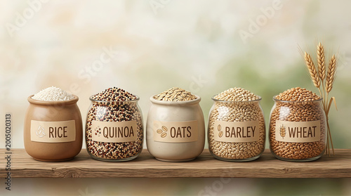 Grain cereal jar rice quinoa oats barley wheat wooden shelf on rustic surface pantry storage concept with natural light neutral background wholesome mood farm kitchen vibe