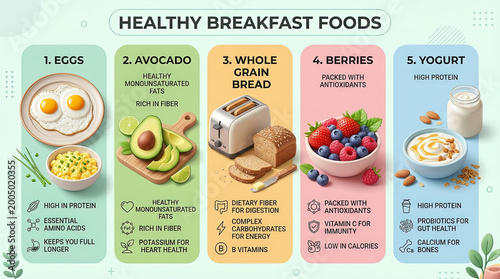 Healthy breakfast egg avocado whole grain bread berry yogurt protein fiber antioxidant probiotic deliver balanced morning meal with gentle energy and satiety joyful mood