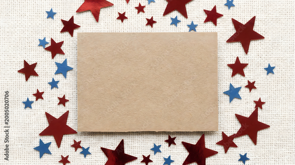 Obraz premium Red and blue stars frame blank tan paper for text