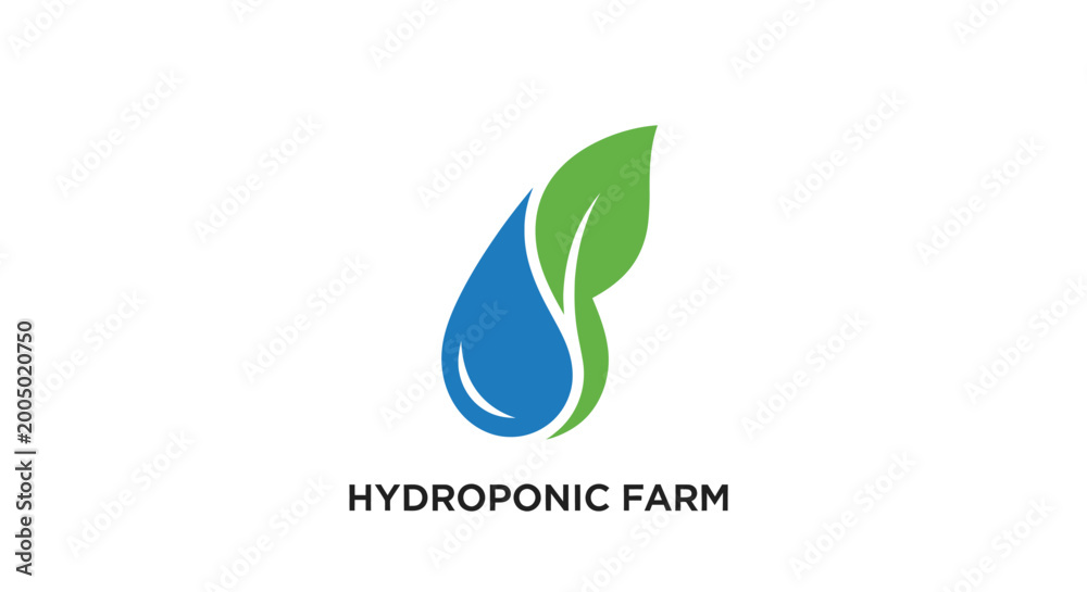 Fototapeta premium Hydroponic farm logo design featuring a water drop and a green leaf.