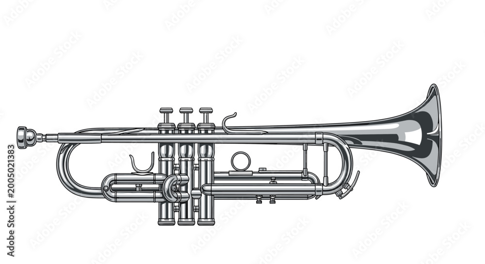 Naklejka premium Professional silver trumpet instrument shown in a detailed realistic illustration style for music and orchestral themes.