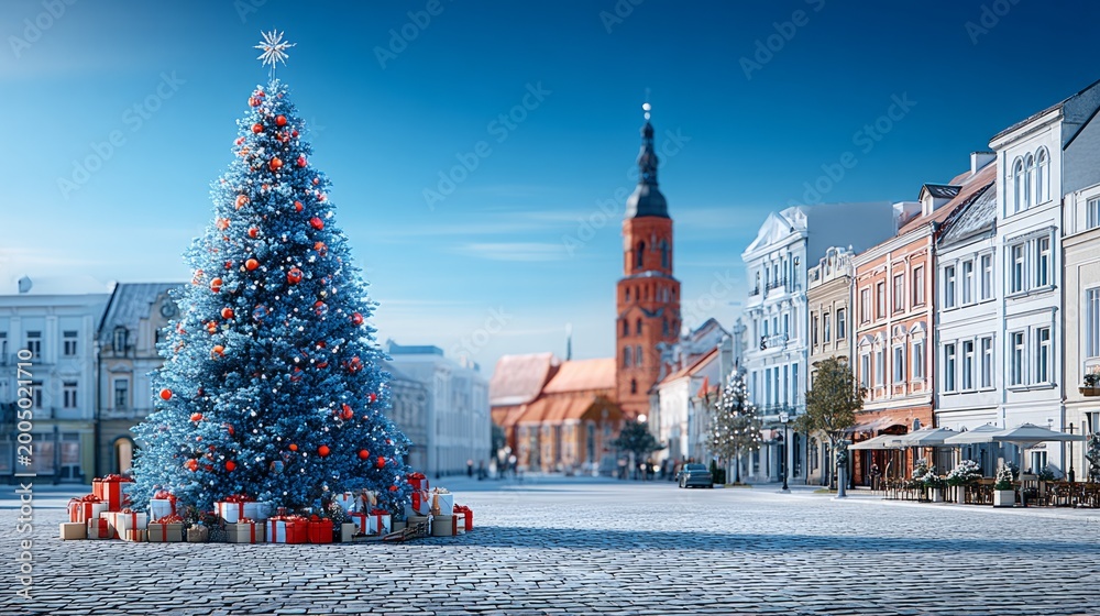 Obraz premium Historic Town Square with Christmas Tree and Decorations in Background