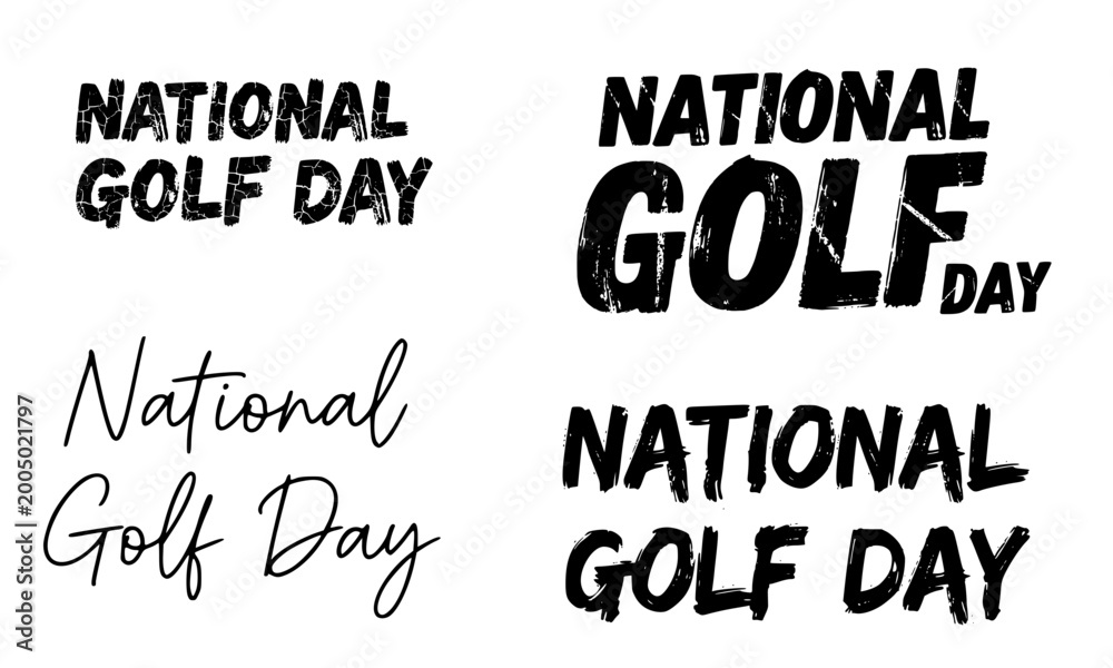 Obraz premium National Golf Day hand lettering typography set featuring bold brush script and grunge text styles, perfect for sports banners, social media posts, greeting cards, and holiday designs