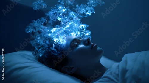 Person sleeping with glowing blue energy or smoke emanating from their head, representing dreams, ideas, or consciousness