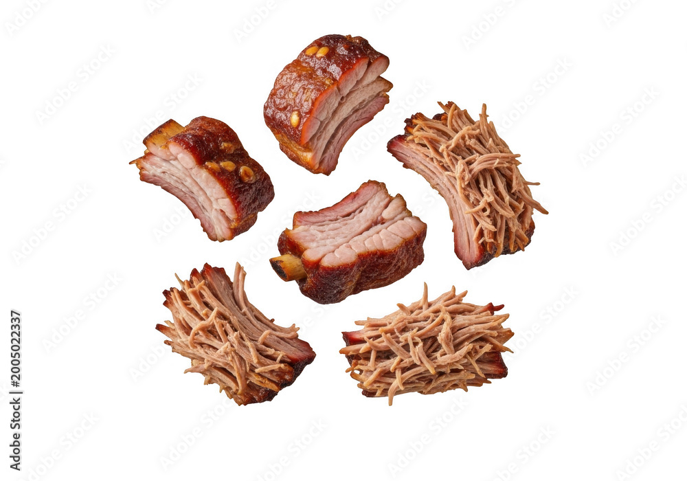 Obraz premium Assortment of delicious barbecue pork ribs and pulled pork, presented artfully on a transparent background
