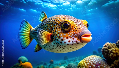 Pufferfish with large eyes swims in colorful coral reef