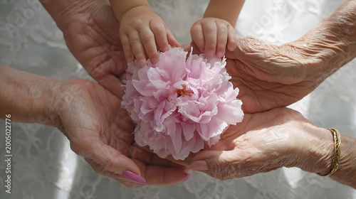 Three generations of hands, a baby's, an adult's, and an elder's, gently hold a delicate pink peony flower together