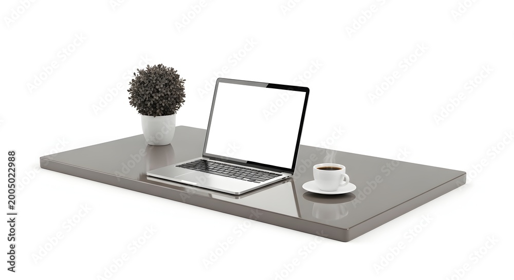 Fototapeta premium Minimalist Workspace with Laptop Plant and Coffee on Gray Desk