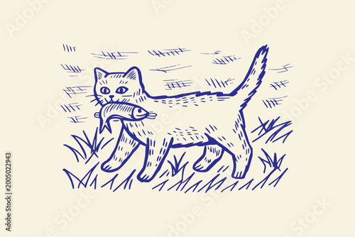 Photos Hand-drawn illustration of a domestic cat walking with a freshly caught fish in