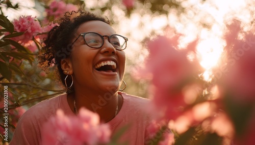 Joyful woman with glasses laughing outdoors amidst blooming pink flowers during golden hour with sun flare