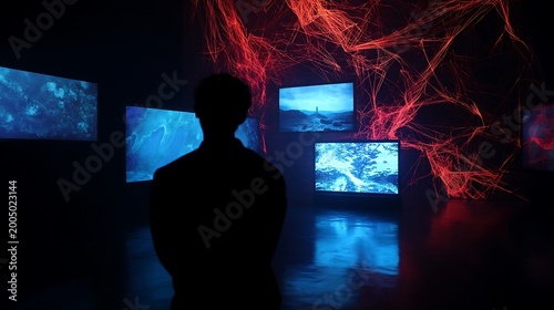 Silhouette of a person observing multiple screens displaying abstract blue imagery within a dark exhibition space with red light effects overhead