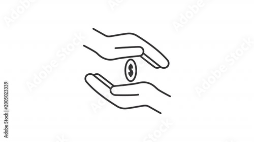 Animated hands holding coin line icon. Earning extra money animation. Giving and receiving financial support. Donation gathering. Outline element on white background. HD video with alpha channel