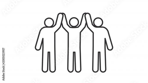 Animated people raising joined hands line icon. Community bonding animation. Team celebrating goal achievement. Unity spirit. Outline element on white background. HD video with alpha channel
