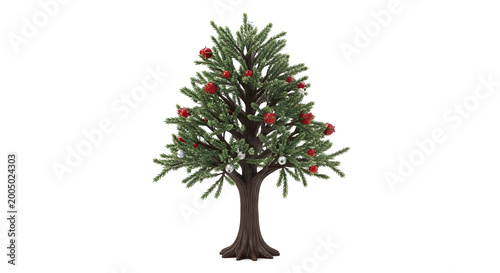 A small decorative christmas tree with red and white ornaments on a white background