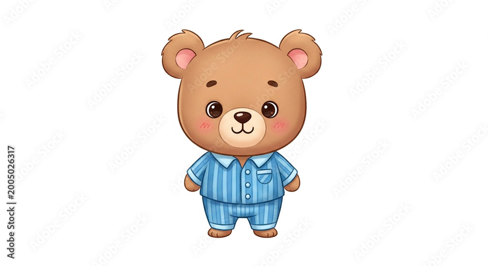 Fototapeta premium Cute cartoon teddy bear wearing blue striped pajamas, isolated on white