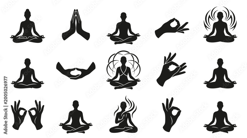 Fototapeta premium Yoga Meditation Icons Set - Silhouette Figures and Hand Gestures in Black and White