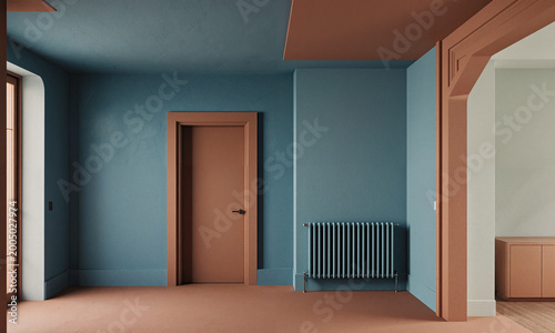 Interior architecture minimalism room with teal and terracotta walls including copy space for contemporary home design