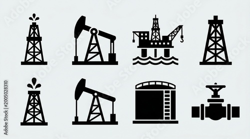 Black silhouette oil industry icons showing rigs, pumpjacks, pipelines, and storage tanks representing extraction and production infrastructure.