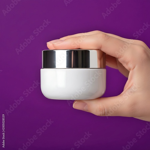 Minimal White Cosmetic Cream Jar Mockup Held in Hand Against Purple Background for Skincare Product Branding